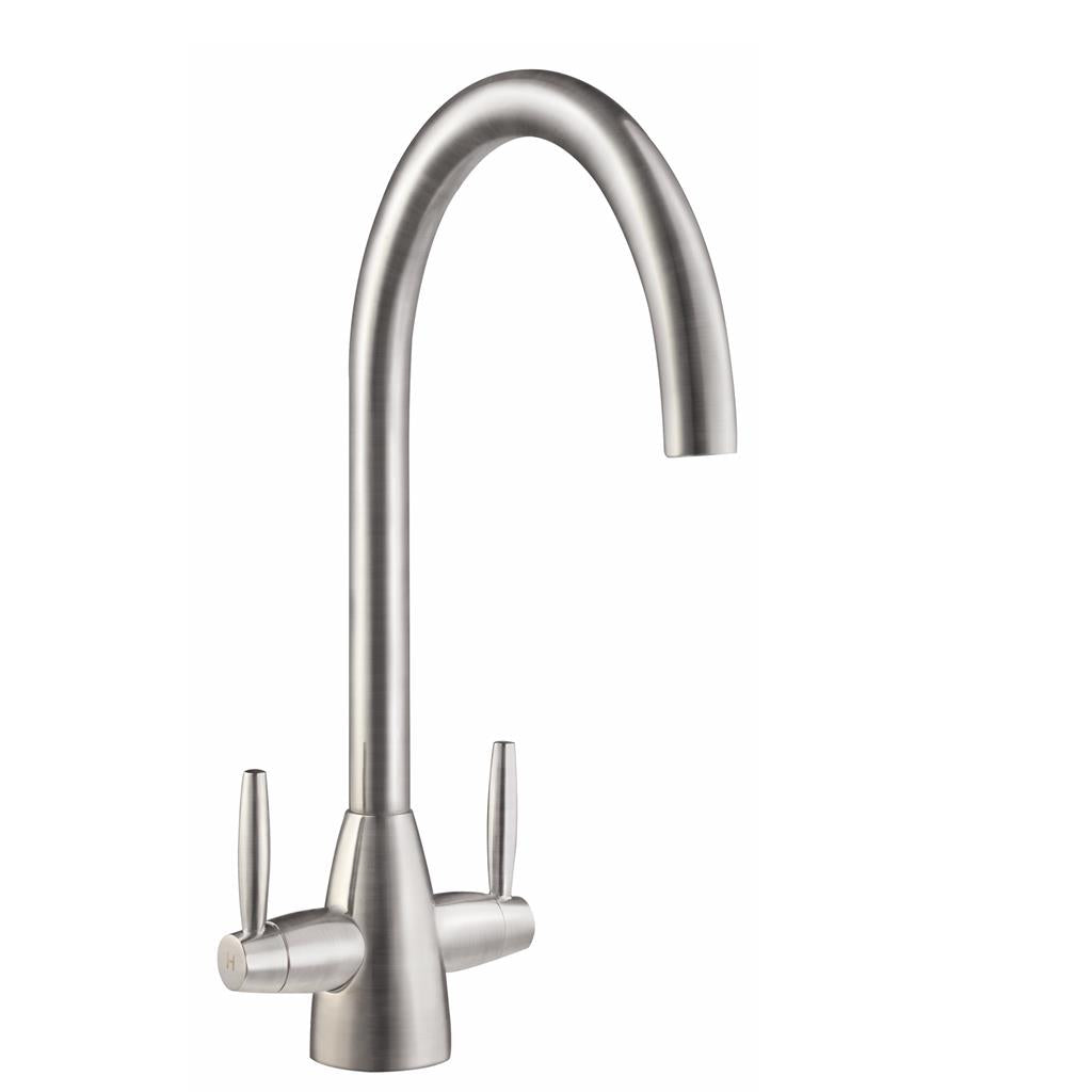 Liquida LT03BN Monobloc Swan Neck Twin Lever Brushed Nickel Kitchen Mixer Tap